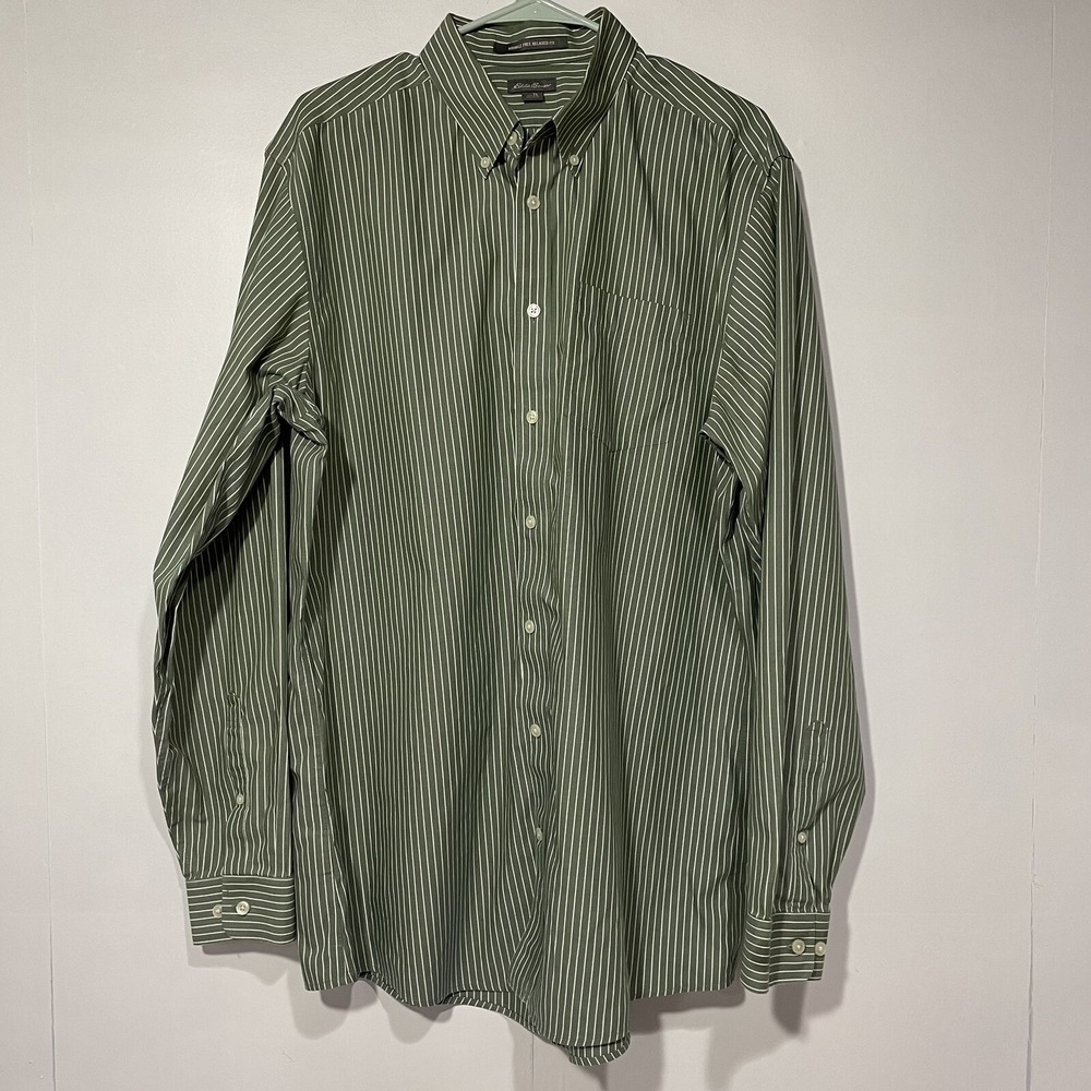 Eddie Bauer Green and White Striped Dress Shirt Large Tall